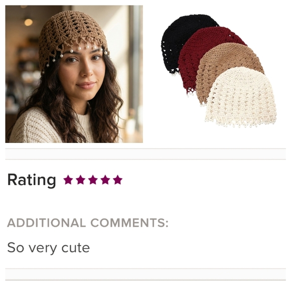 Crochet Beanie Faux Pearl Tassels - Burgundy Tan Cream - Picture 3 of 14